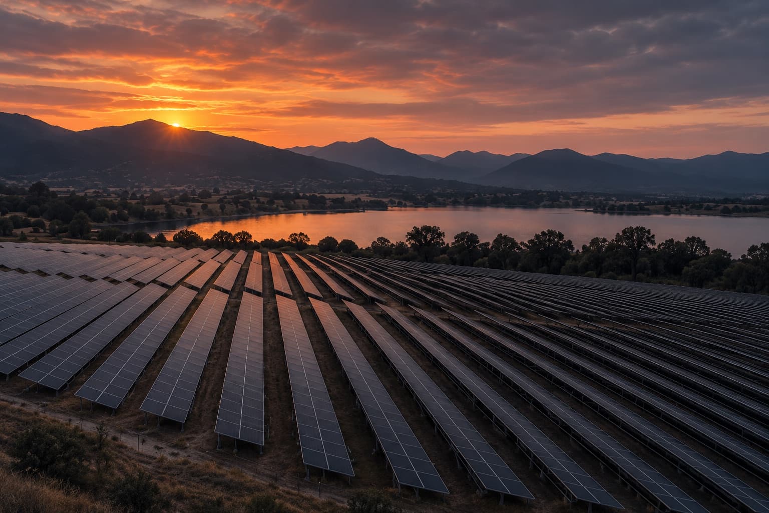 Illustrative image of a solar farm at sunset, with an illustrative ARIA report cover marked in development